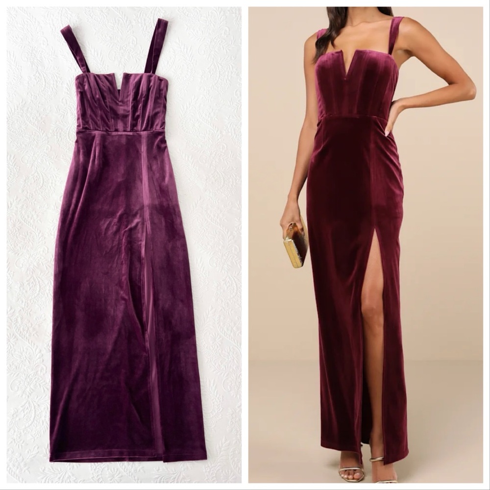 NWOT Lulus Pristine Luxury Dark Berry Velvet Bustier Maxi Dress Small
